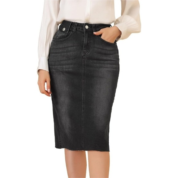 Allegra K Denim Skirt Dark Wash Pencil Midi Distressed Raw Hem XS NWT - Picture 1 of 9